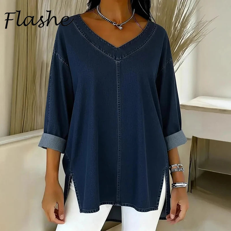 Fashion Denim Shirt Women Spring Autumn V Neck Long Sleeve T-Shirts Women Casual Loose Tee Pullover Tops Female Oversized Shirt