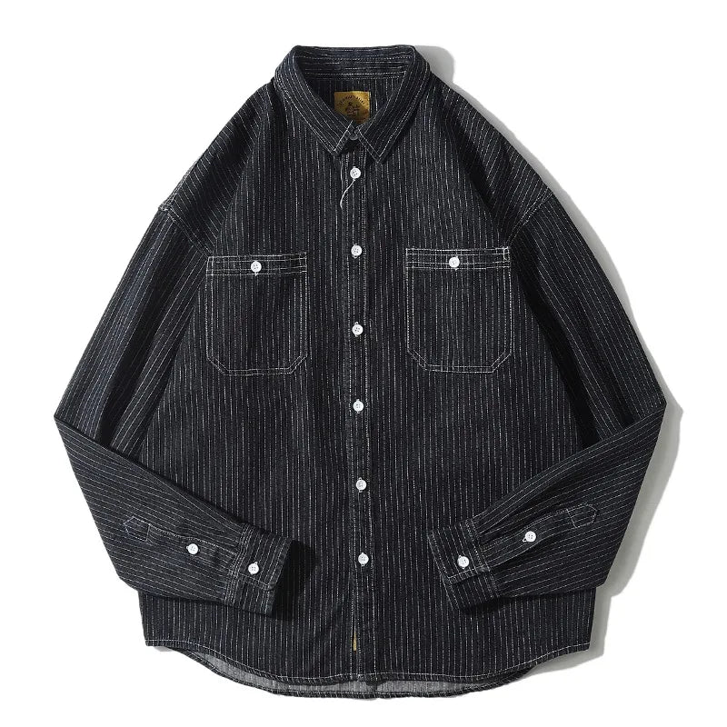 Retro Striped Loose Fit Long Sve Collared Men's Denim irt Spring Faion Workwear Jaet Youthful Wear Resistant Chinese...