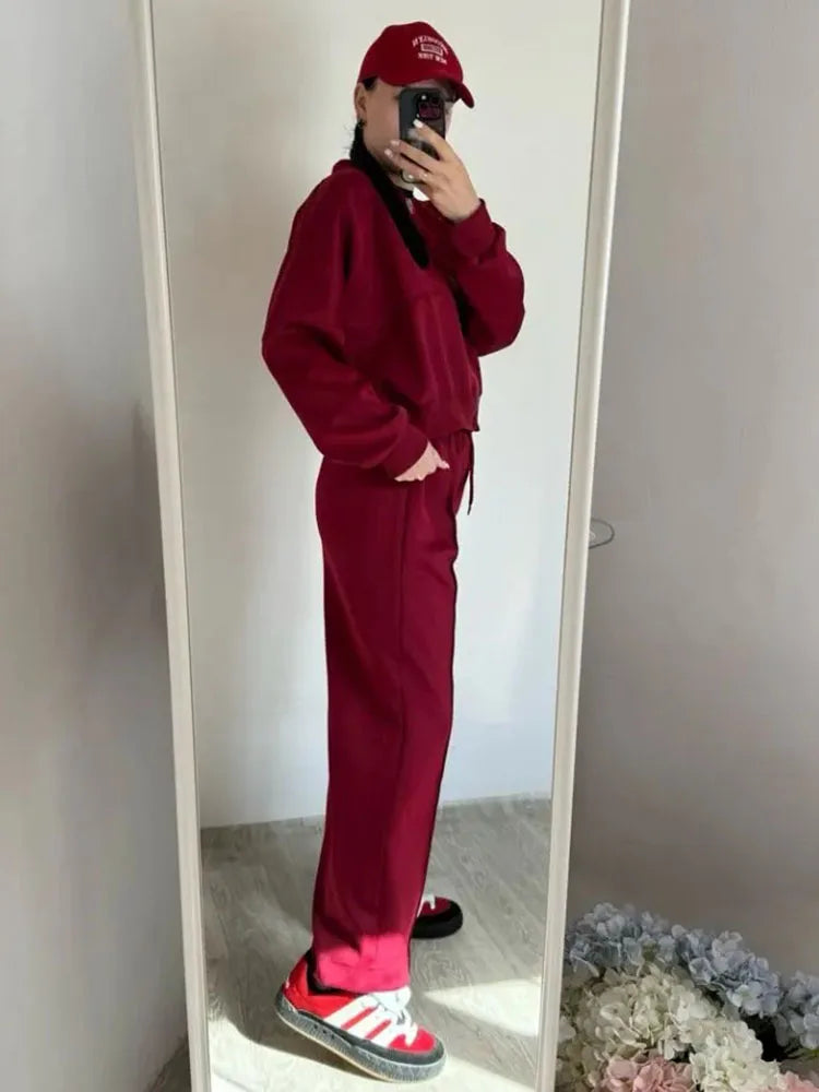 Gray Straight Pants Two Pieces Sets Women Outfit Long Sweatpants Street Wear Zipper Jacket Track Suits Sweatshirt Sets For Women