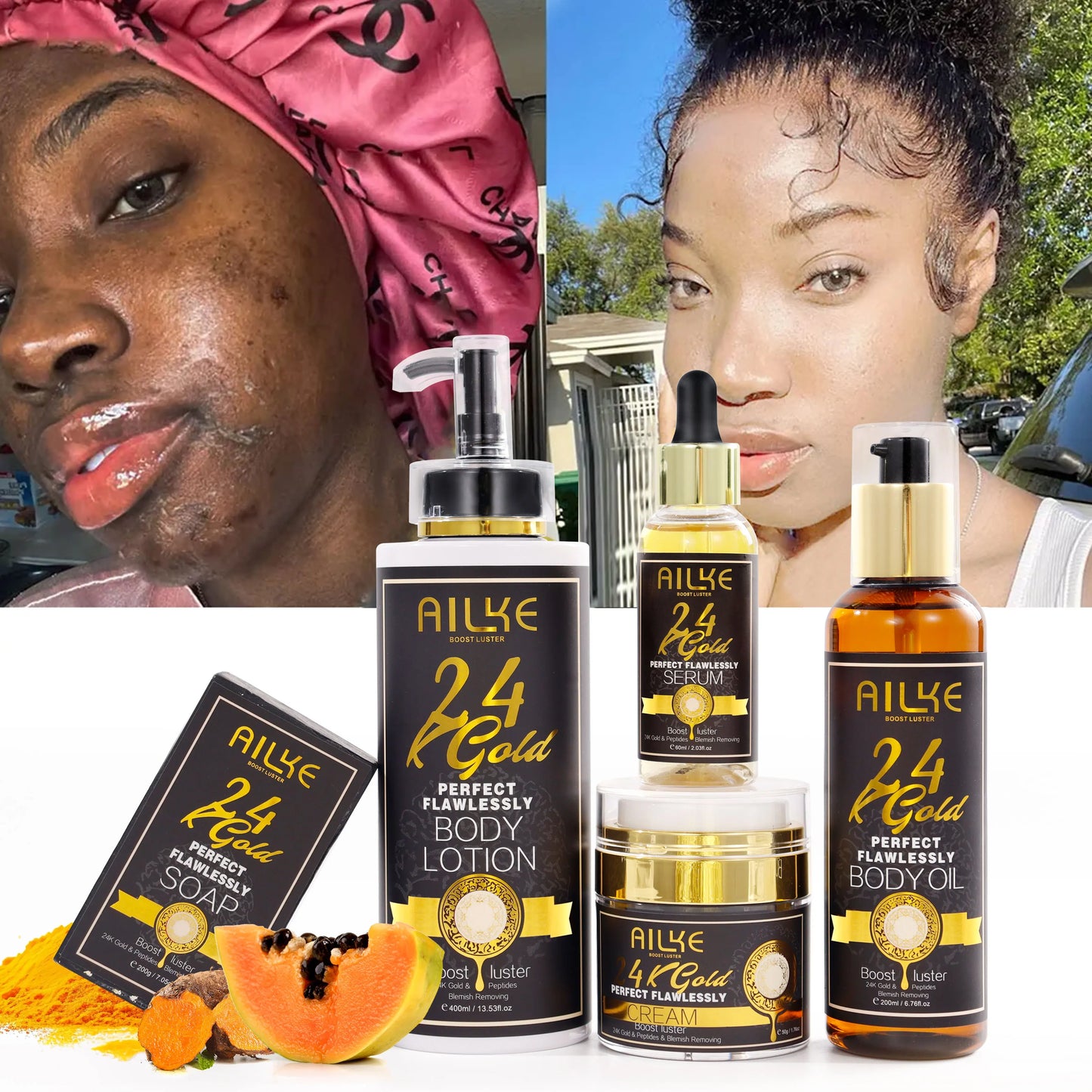 AILKE 24K Glod Flawlessly Skin Care Set, Whitening, Reduce Dark Spots, Pigmentation, Wrinkles, Moisturize, For All Skin Types
