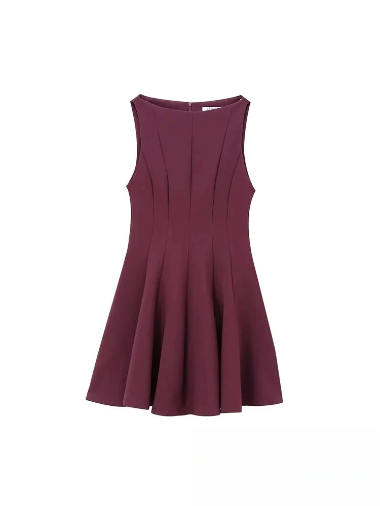 KONDALA Vintage Casual Chic  Women Dress Solid Sleeveless O-Neck Zipper Mini Dress New Fashion 2025 Spring Summer Female Dress