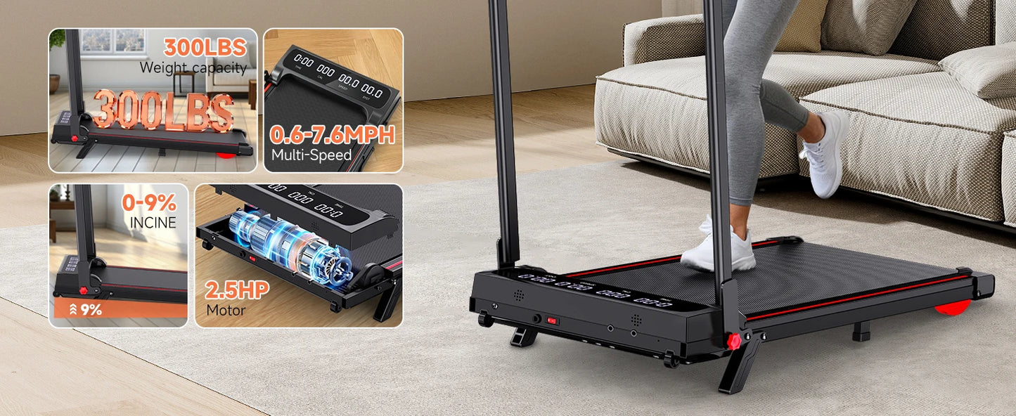 Incline Walking Pad Treadmill for Home Small,2.5 HP Quiet Under Desk Treadmill with 300lbs Capacity,
