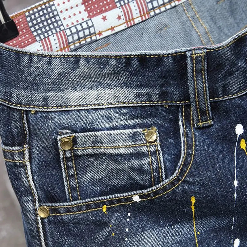 Plus Size 7XL 6XL Men's Summer Ripped Denim Shorts, Loose Straight-Cut, Painted Style, Fashionable Trendy Denim Cropped Pants