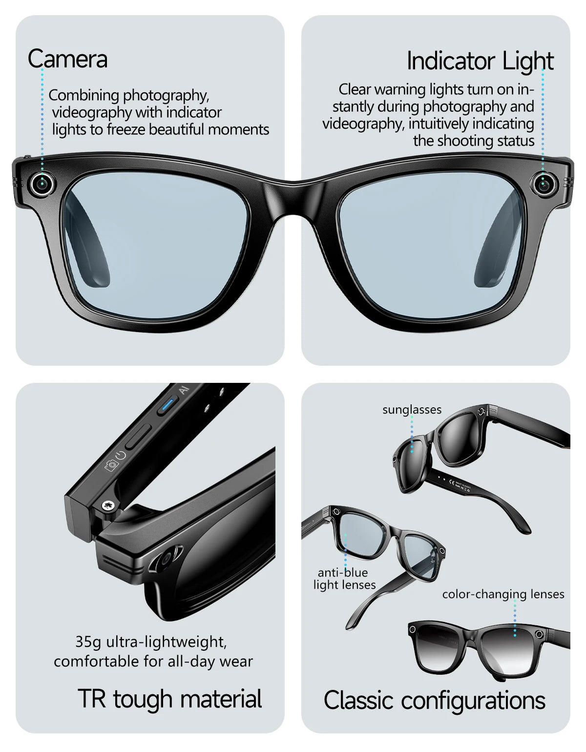 Smart Glasses 8 Million Pixels Recording Videos AI Photo Recognition Answer Translation 270mAh IP65 Waterproof Bluetooth Glasses