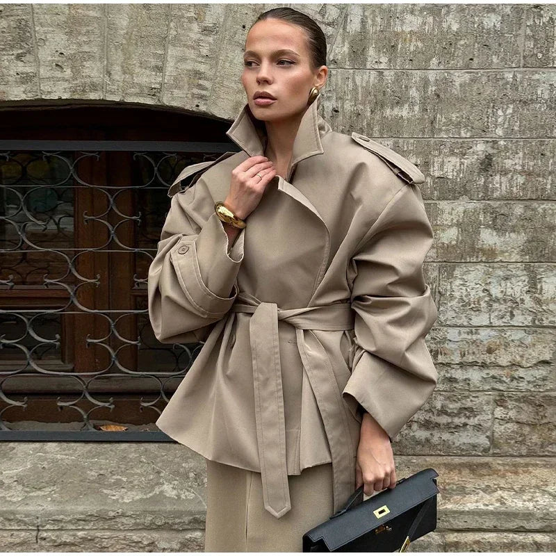 Solid Laepl Lace Up Trench Coat Women Fashion Full Sleeve Waist Cinching Short Windbreak 2025 New Autumn office commute outwear