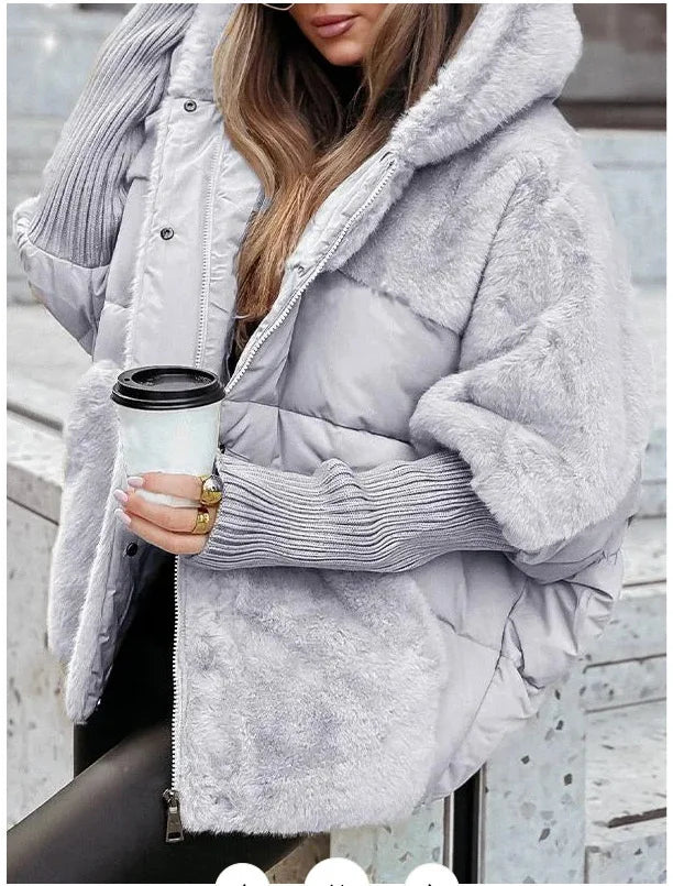 Women‘s Hooded Patchwork Warm Coat Autumn Padded Jacket Oversize Outerwear In Winter