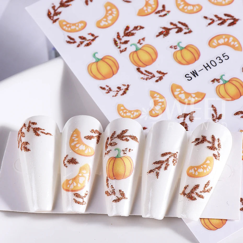 2pcs Autumn Pumpkin Nail Stickers 3D Maple Leaf Pine Fruit Self-Adhesive Nail Decals Slider DIY Thanksgiving Manicure Decoration