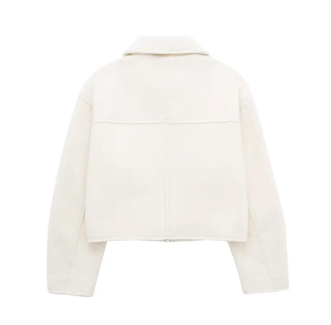 DUOPERI Women Fashion Winter Autumn Fleece Cropped Jacket Lapel Collar Long Sleeves Female Chic Lady Casual Short Outwear