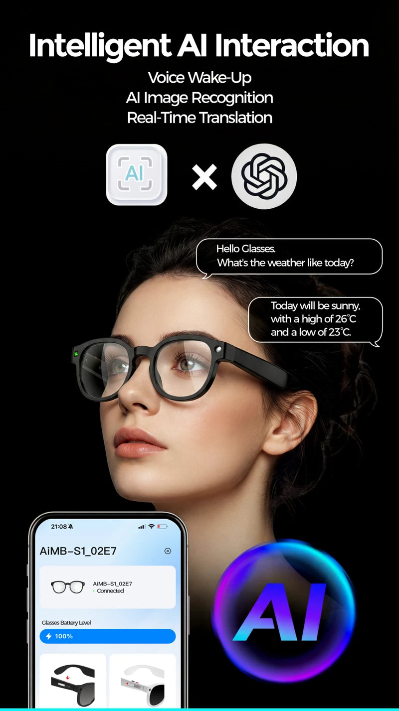 For Men Women Ai Smart Glasses 8MP 4k HD Camera Glasses AI Wake-up Bluetooth Music Audio Sunglass Language Translation