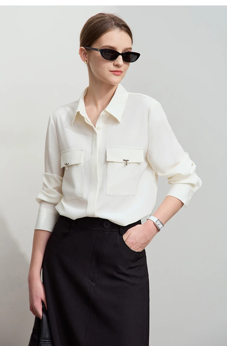 AMII Minimalist Chiffon Shirt Women 2025 Spring New Temperament Gentle Lapel Bamboo Work Pocket Concealed Button Tops 12521032