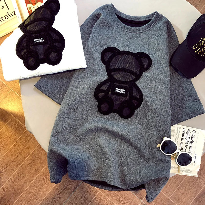 CGC Korean Fashion Women Oversized T-shirt Casual Bear Printing Short Sleeve Tees Summer Female Loose Tops Simple O-Neck T-shirt