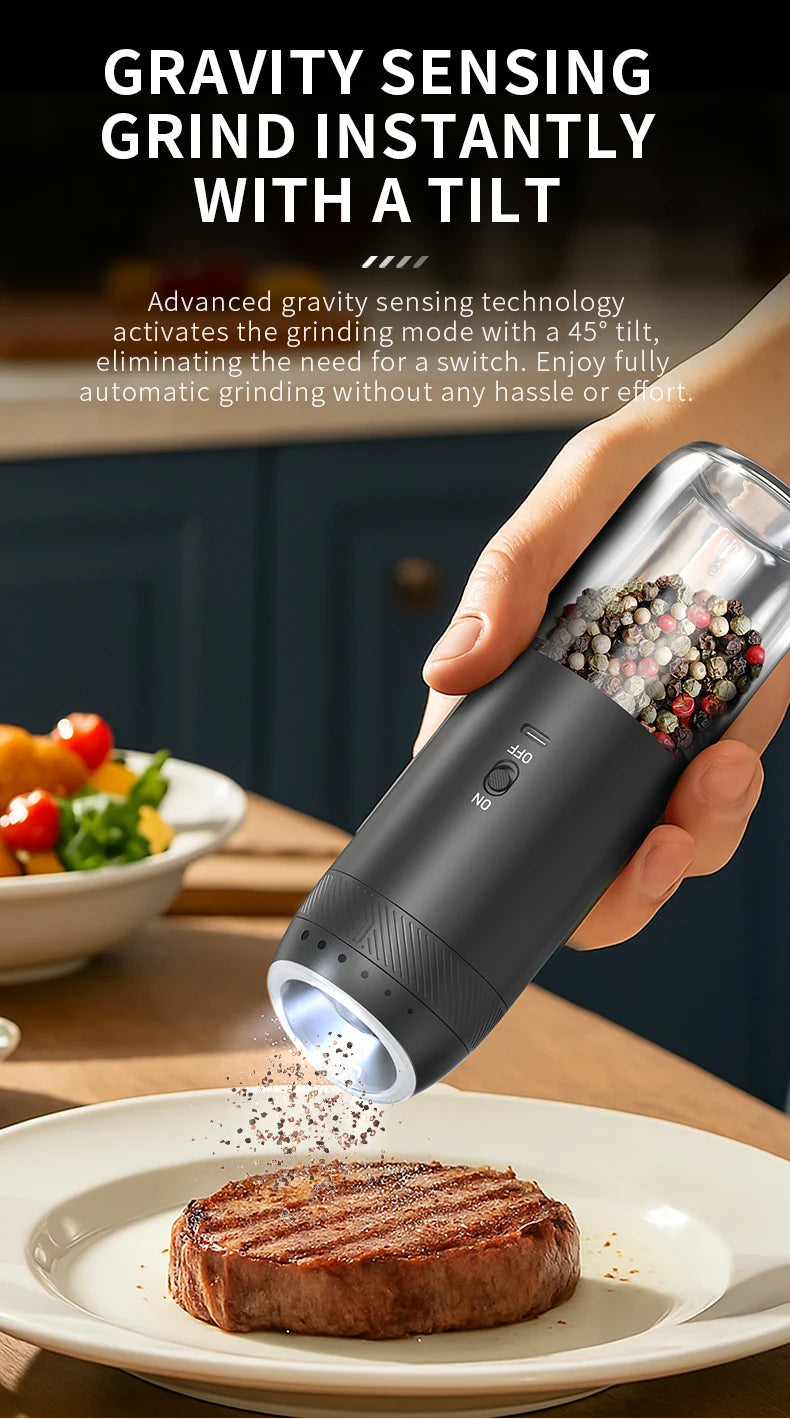 1/2PCS Electric Salt And Pepper Grinder with LED Light Gravity Sensing Adjustable Spice Mills Cordless Automatic Kitchen Gadget