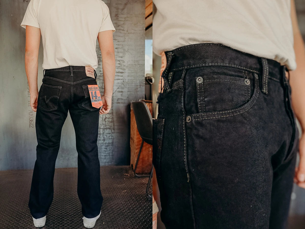 IRON HEART Indigo-Sulfide Black 634s Double Dyed 14oz Denim Jeans, One Wash