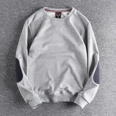 Spring New American Retro Sleeve Patch Solid Color Sweatshirt Men's Simple 100% Cotton Washed Pullover Loose Casual Sportwear