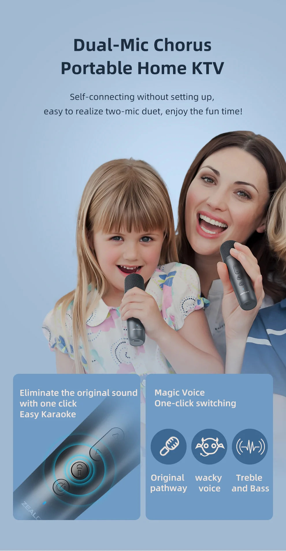 ZEALOT-S62M Karaoke Machine Portable Bluetooth 5.3 Speaker System with 1-2 Wireless Microphones Home Family festival Gifts
