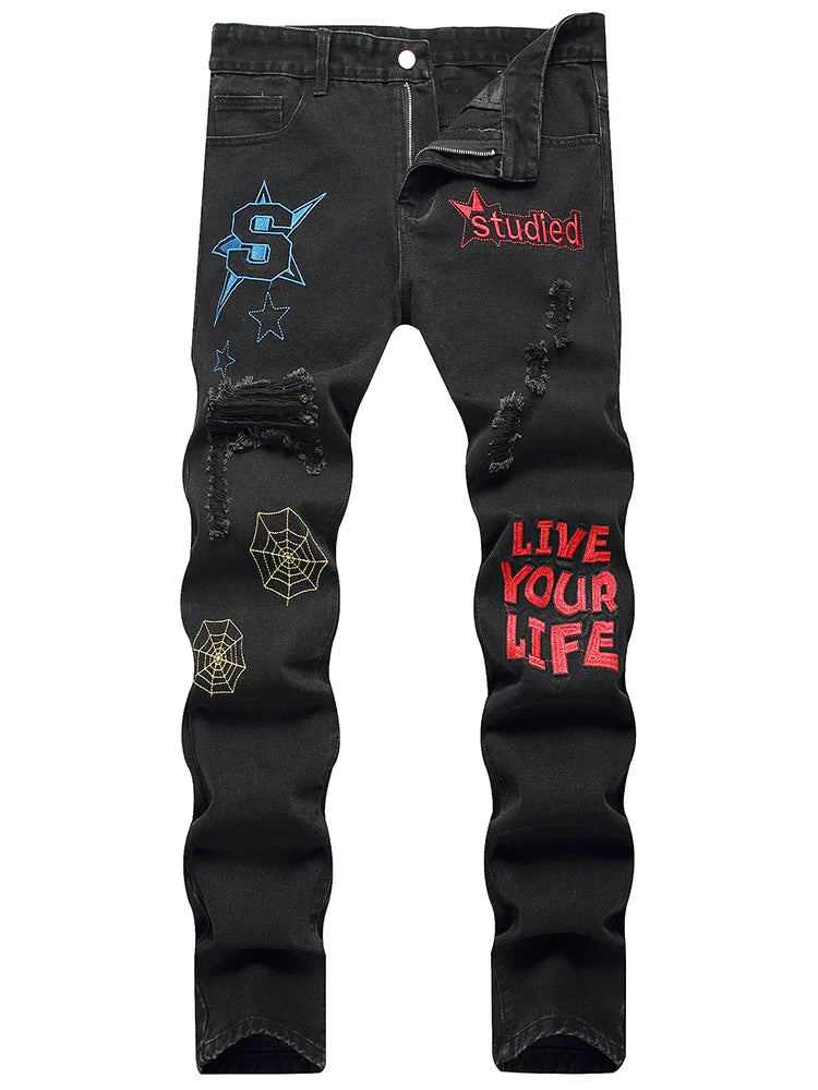 Purple Ripped Men's Jeans Spring Summer Slim Fit Straight Hole Cotton Denim Pants Distressed Destroyed Streetwear 28-40