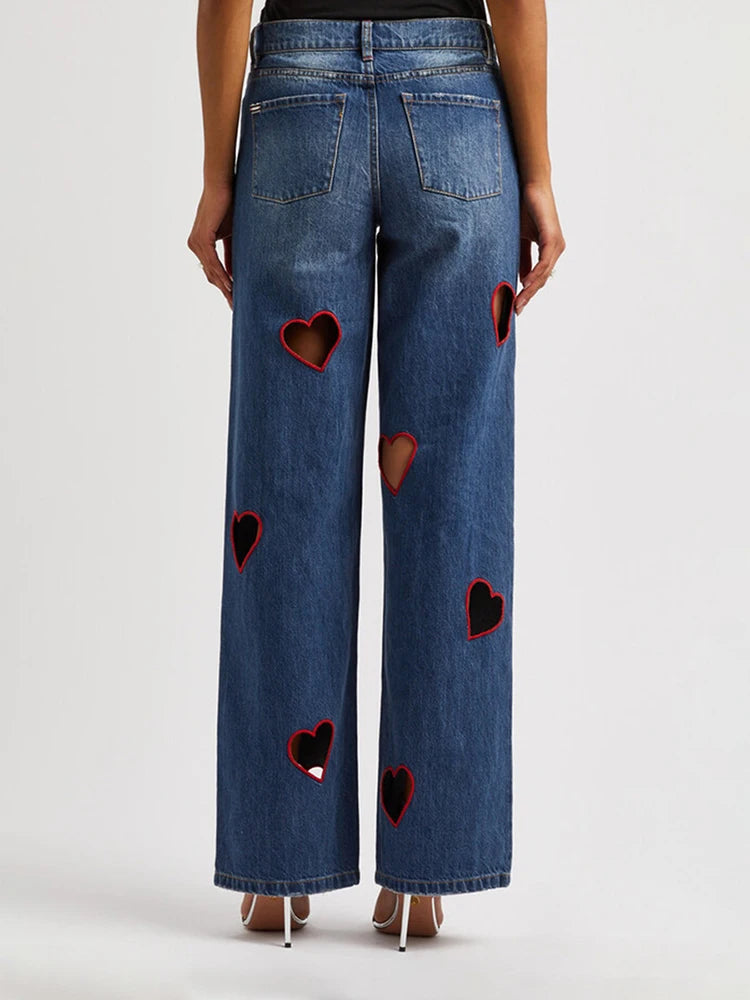 2025 Summer New Fashion Women's Jeans High Waist Straight Wide Leg Embroidery Heart Hollow Out Female Denim Pants