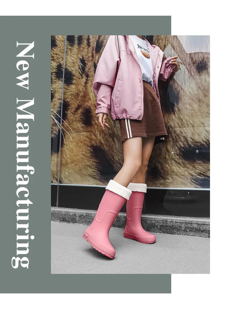 Women's High-Top Rain Boots Spring Autumn Waterproof Slip-Resistant Long Tube Shoes for Outdoor Work PVC Material Knee-High