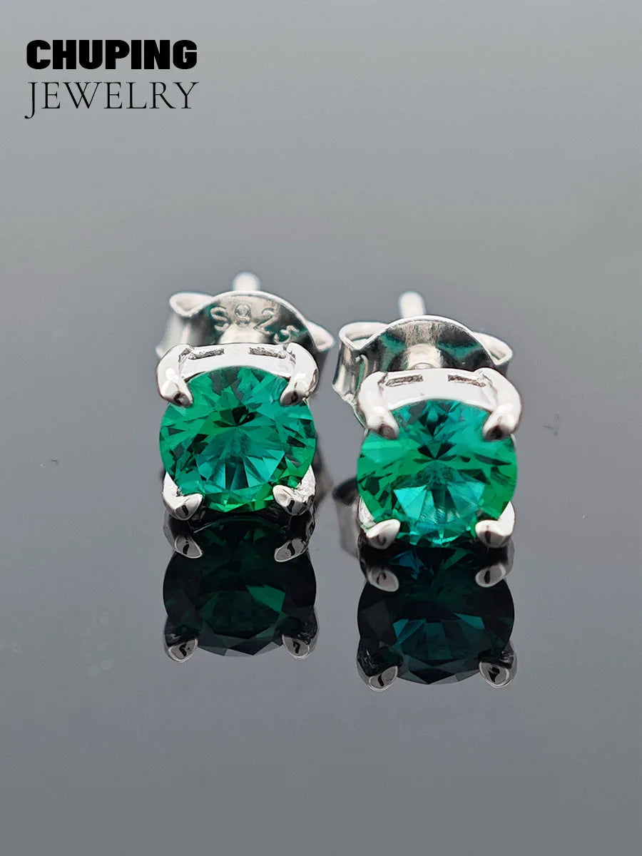 ChuPing Fine Jewelry Lab Grown Emerald Round Shape S925 Silver Earring for Women Evening Party Valentine's Day Or Birthday Gift