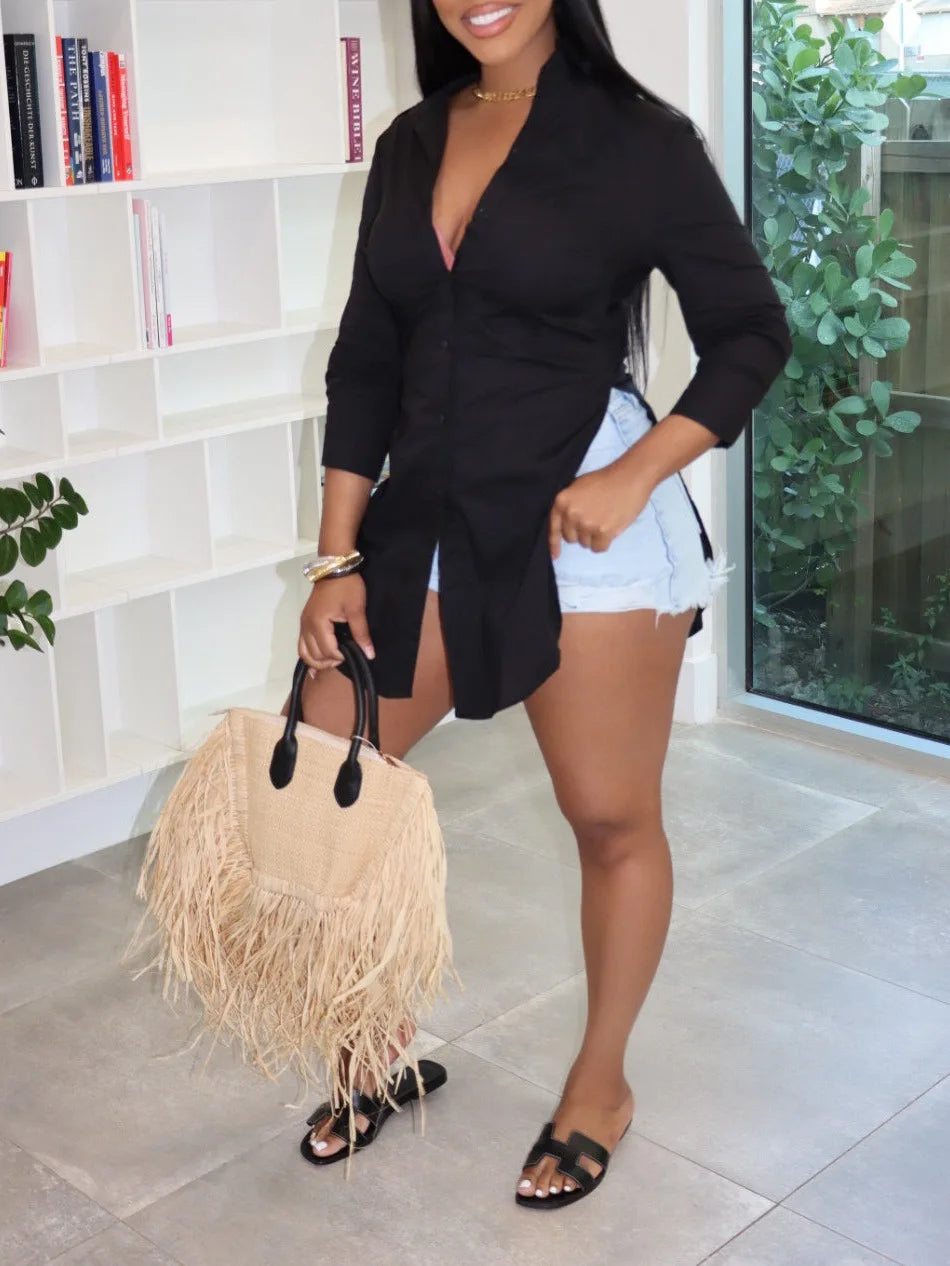 2025 New Casual Women Shirt Solid Color Turn Down Collar One Breasted Female Slit Shirt Long Sleeve Sexy Versatile Commuting Top