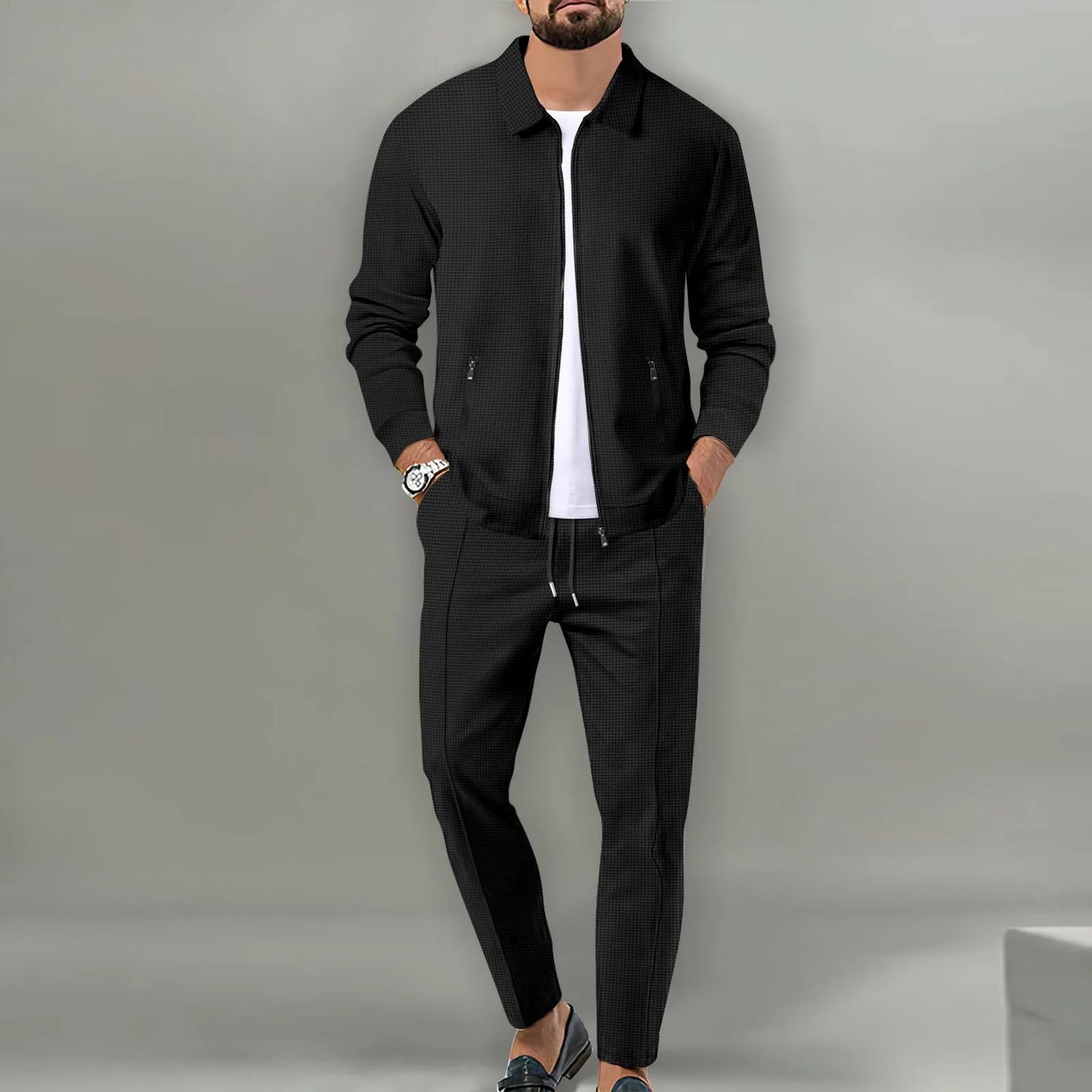 The new 2025 spring and autumn sports men's youth popular solid color jacket jacket trousers two leisure sports suit