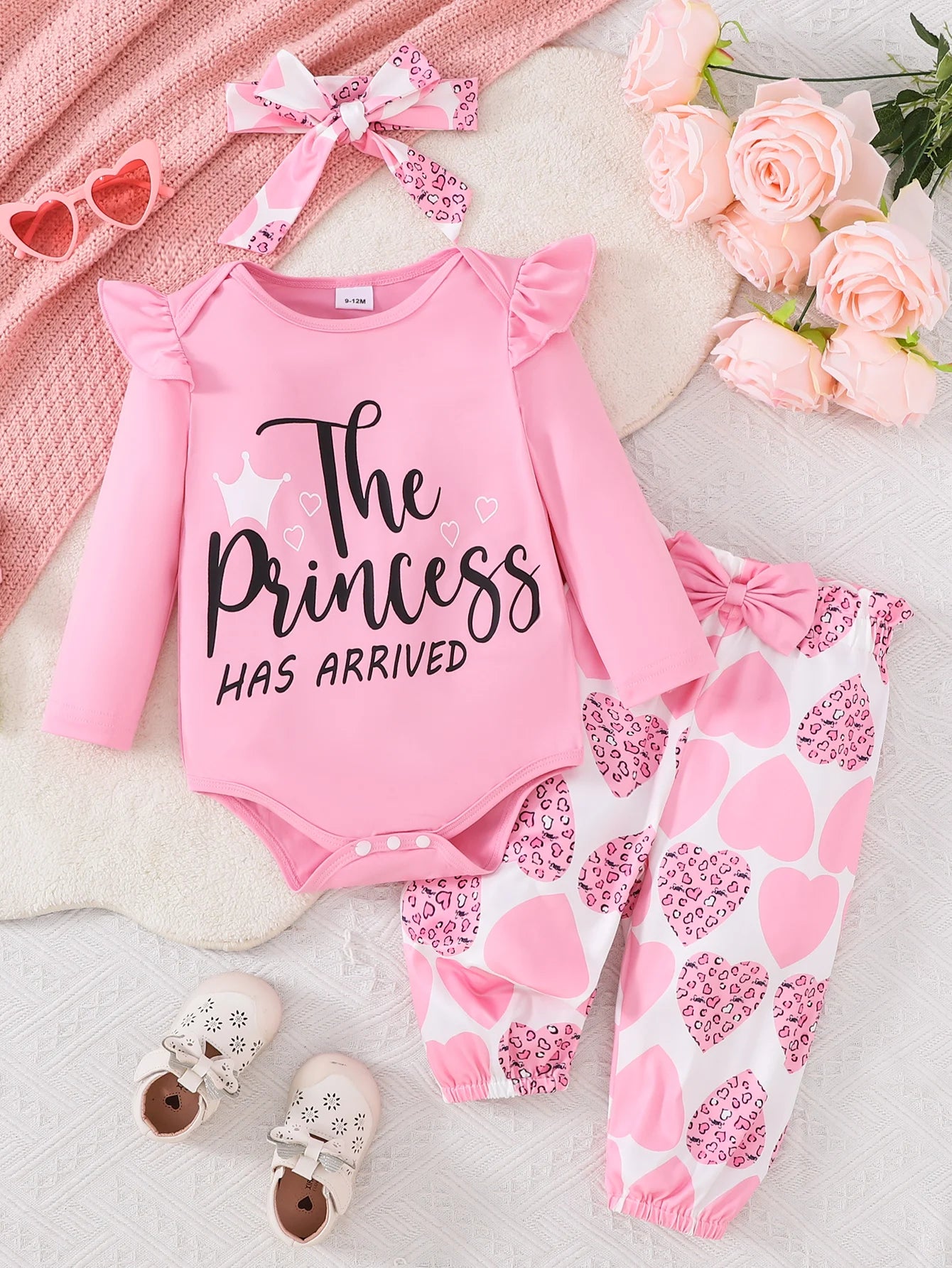 Girls Spring Autumn Casual Long Sleeve Letter Print Pink Triangle Romper Full Print Long Pants Headscarf Set