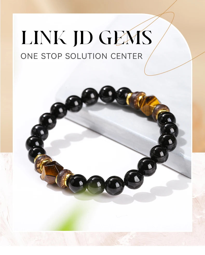 JD Natural Stone Black Agate Yellow Tiger Eye Faceted Bead Strand Bracelet Women Men Bohe Style Yoga Healing Energy Jewelry