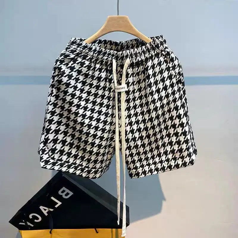 2024 New Summer Trend Casual Loose and Breathable Quick Drying Drawstring Elastic Waist Thousand Bird Grid Shorts for Men