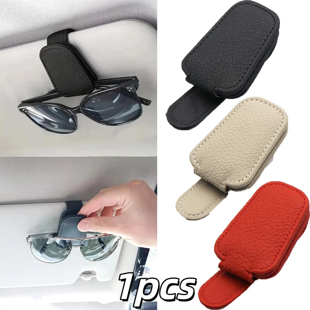 1pcs Universal Car Sunglasses Holder Multi-Functional Ticket Portable Bracket Magnetic Oxhide Sunshade Storage Boxs Auto Parts ﻿