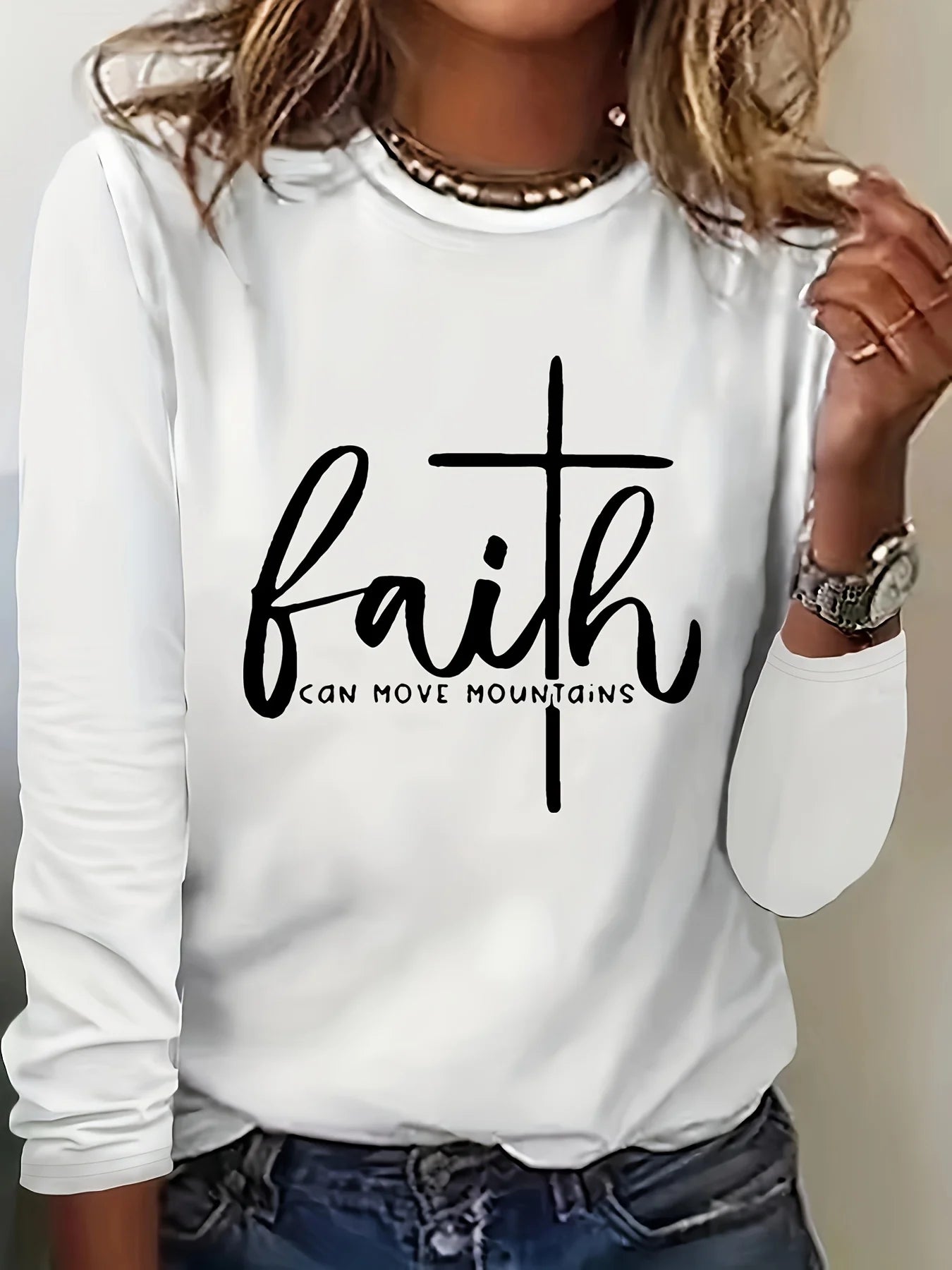 Women's Spring and Autumn 100% pure cotton fashionable casual loose letter pattern printed round neck long sleeved T-shirt top