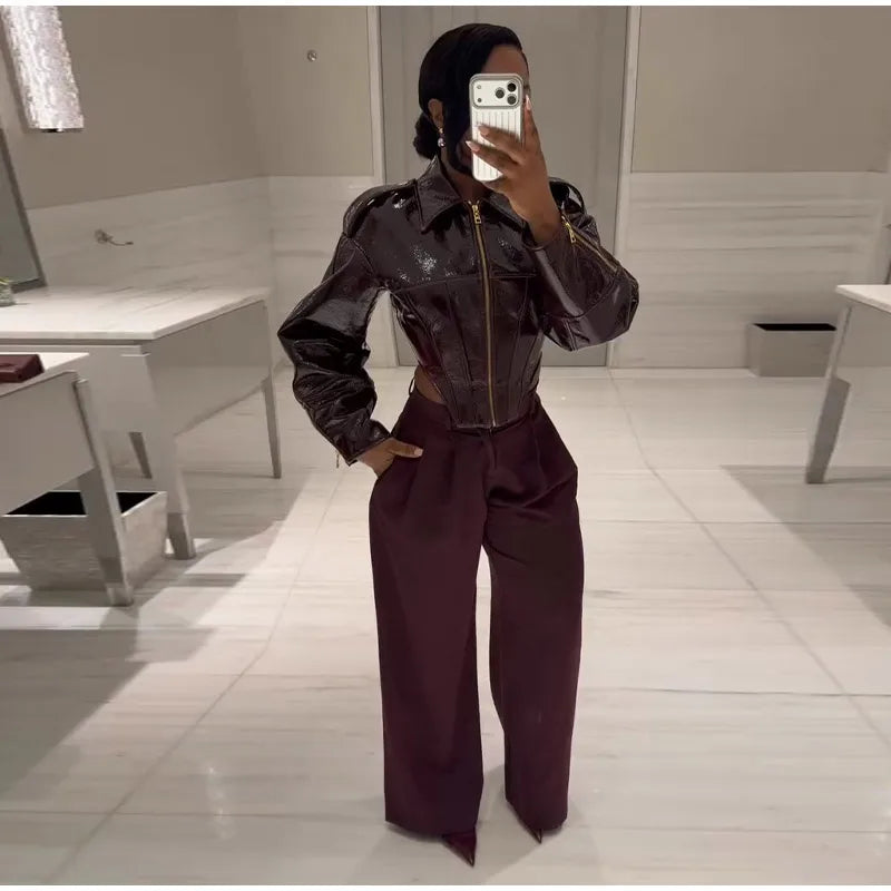 Fashion Lapel Leather Jacket Women's Full Sleeve Slim Solid Zippers Coat 2026 Spring New Lady Edgy Casual High Street Outerwear