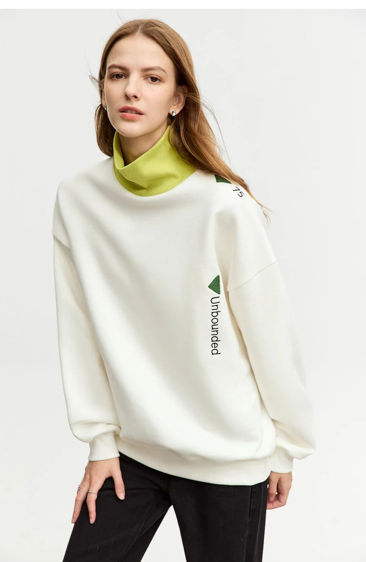 AMII Minimalist Preppy Style Embroidery Sweatshirt Women 2024 Autumn Lazy Loose Spliced Turtleneck Velvet Pullovers 12333011