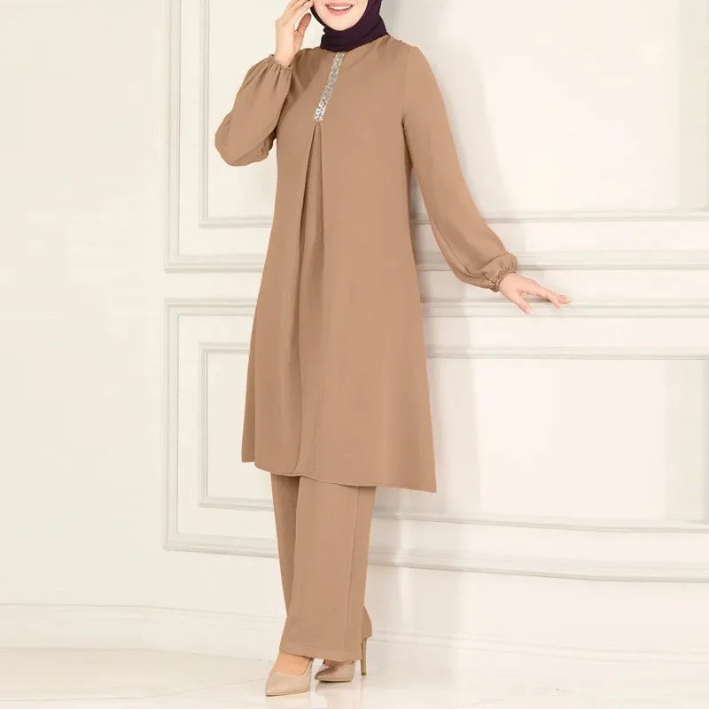 Islamic Fashion Clothing Suits for Women Spring Autumn Solid Color Elegant Abaya Long-sleeved Shirt Loose Wide-leg Pant Muslim