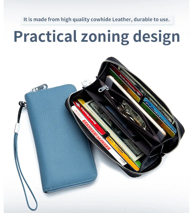 RFID Function Wallet for Women Geniune Leather Luxury Design Long Zipper Handbags Cowhide Card Bags Female Fashion Purse