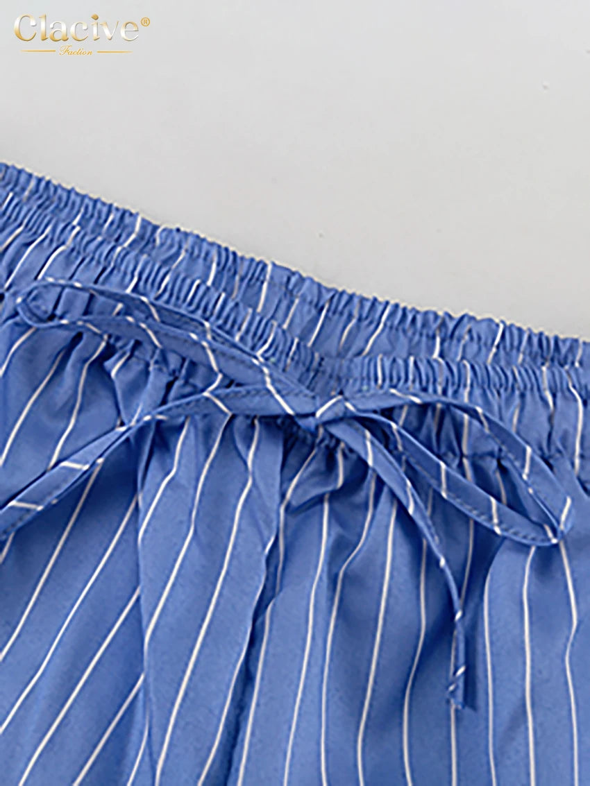 Clacive Summer Loose Blue Stripe 2 Piece Set Woman Outfit 2025 Fashion Sleeveless Tank Top With High Waist Wide Pants Set Female