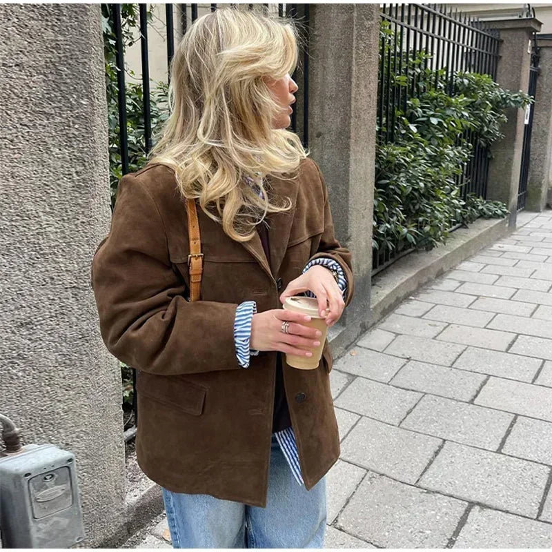 Boyfriend Brown Coat For Women Spring Turndown Collar Long Sleeve Female Jacket 2025 Fashion Loose Single-breasted Lady Coats