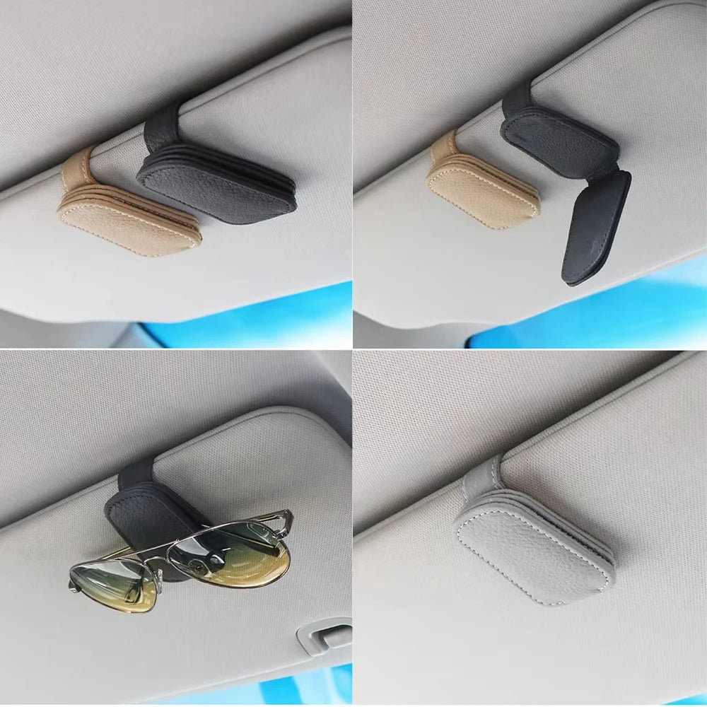 1pcs Universal Car Sunglasses Holder Multi-Functional Ticket Portable Bracket Magnetic Oxhide Sunshade Storage Boxs Auto Parts ﻿