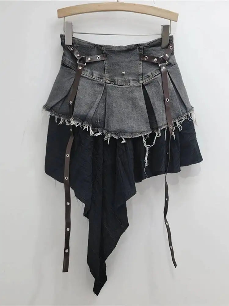 EAM Color-block Irregular Spliced High Elastic Waist A-line Mini Denim Skirt Women Fashion Tide New Spring Autumn 2026 30A3307