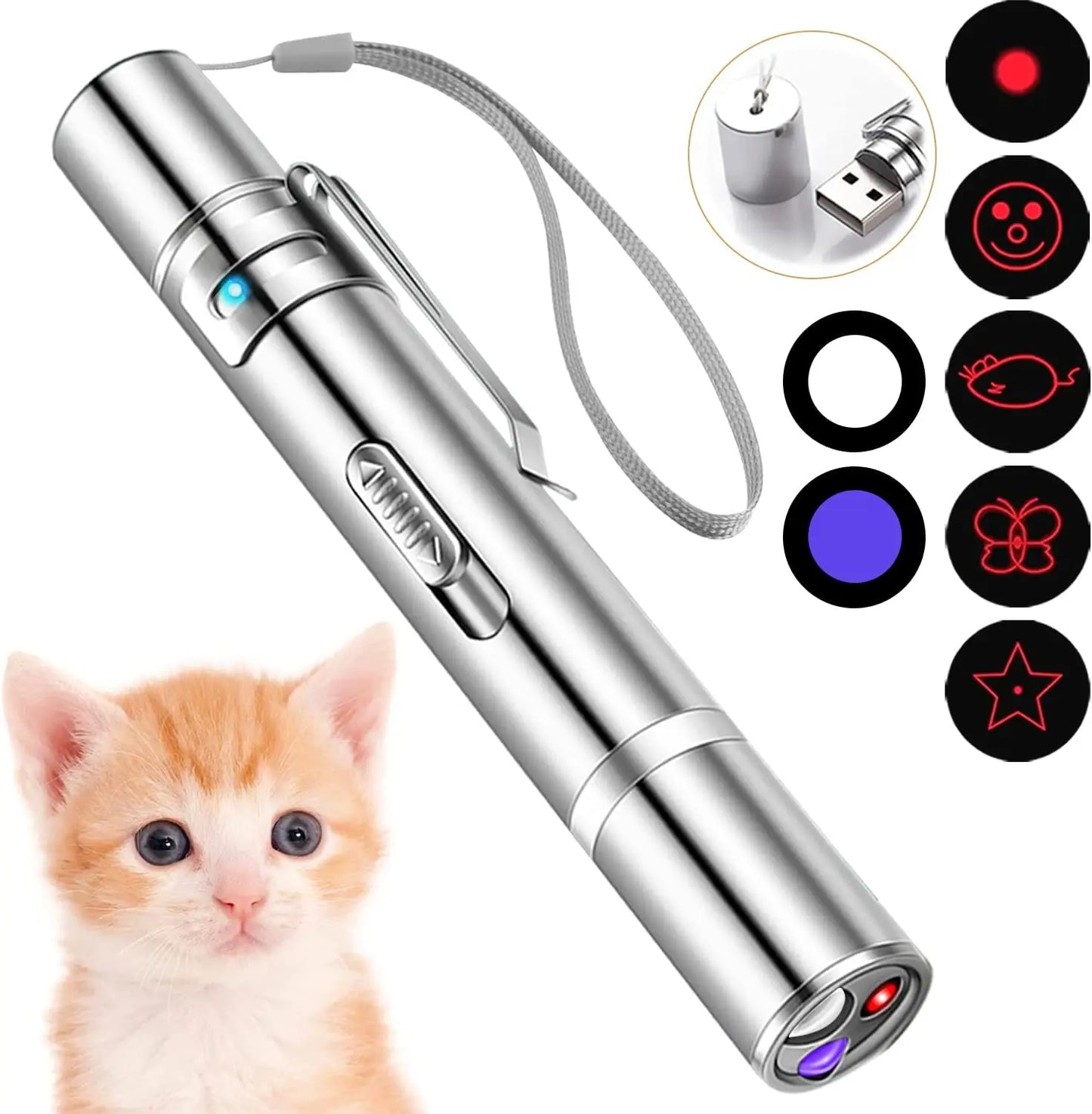 3 in 1 Cat Playing Pointer Pen USB Cat Torch Toy Red Purple White LED Light Rechargable Cat Laser Toys Flashlight Cat Toy