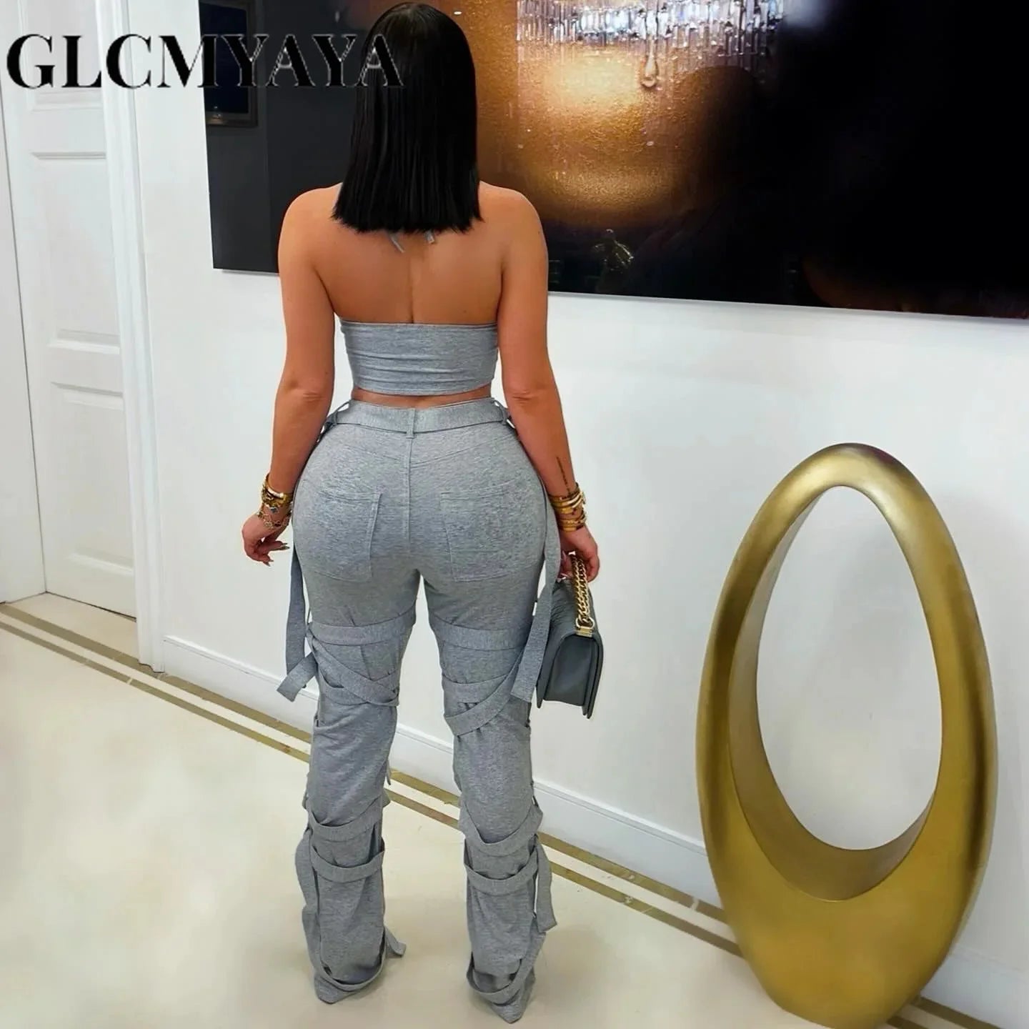 CM.YAYA Active Women High Waist Straight Mult Ribbon Long Pants 2025 Fall Casual Cargo Sweatpants Streetwear Classic Trousers