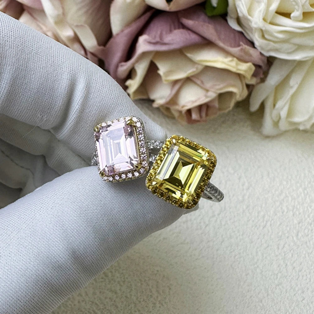 Wong Rain Classic 925 Sterling Silver 5.5CT Emerald Cut Citrine Pink Sapphire Gemstone Engagement Jewelry Wedding Women Ring