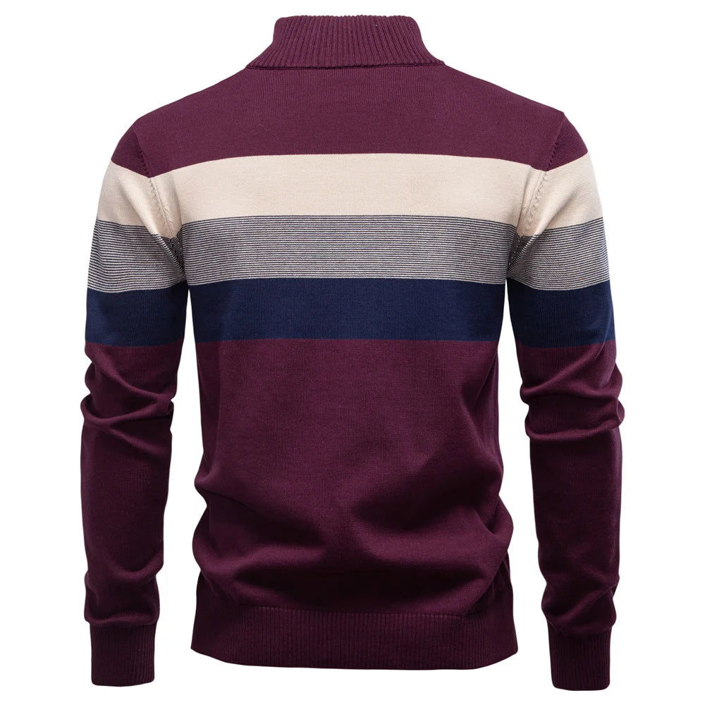 AIOPESON Men's Patchwork Pullover Sweater Cotton Casual Zipper Mock Neck Sweater for Men New Winter Fashion Warm Sweater for Men