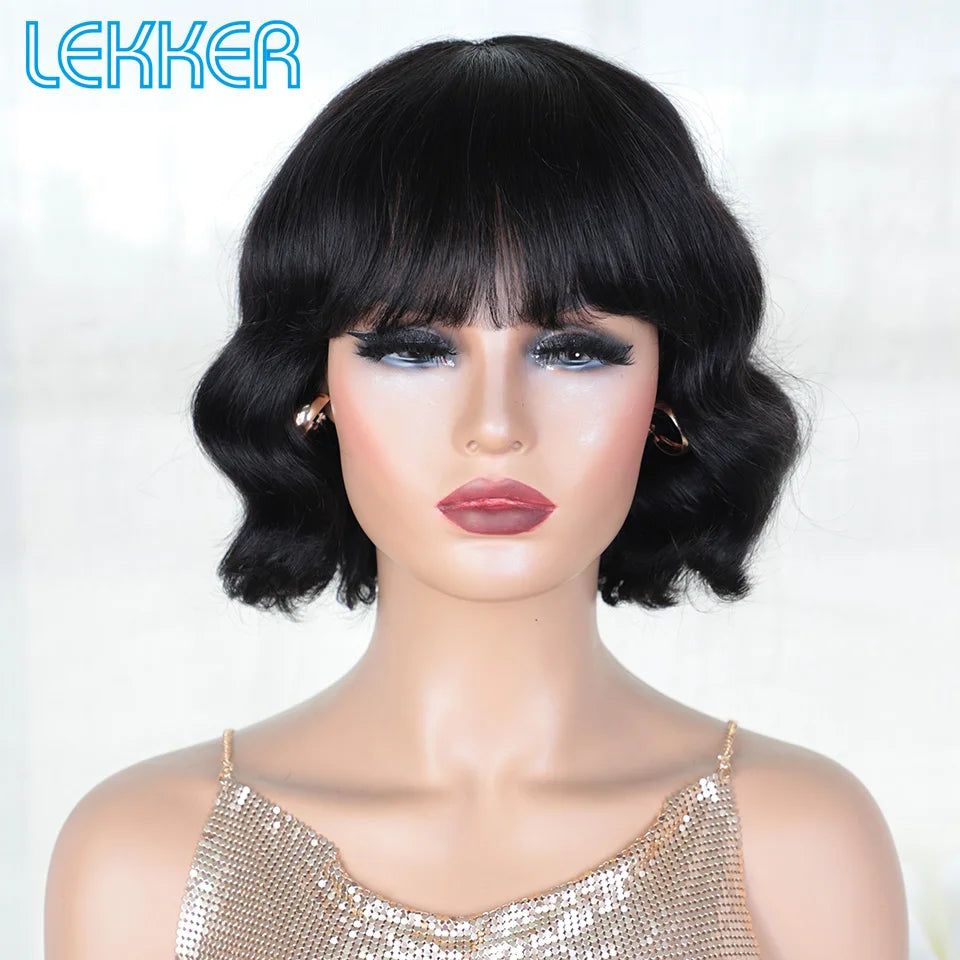 Lekker Brown Short Body Wave Bob 100% Human Hair Wigs With Bangs For Women Brazilian Remy Hair Full Machine Made Daily Bob Wigs
