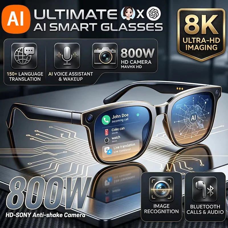 For Men Women Ai Smart Glasses 8MP 4k HD Camera Glasses AI Wake-up Bluetooth Music Audio Sunglass Language Translation