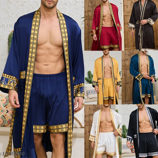 Spring Summer New Men Pajama 2PCS Robe Shorts Set Baroque Style Silk Satin Kimono Bathrobe Gown Loose Home Clothing Loungewear