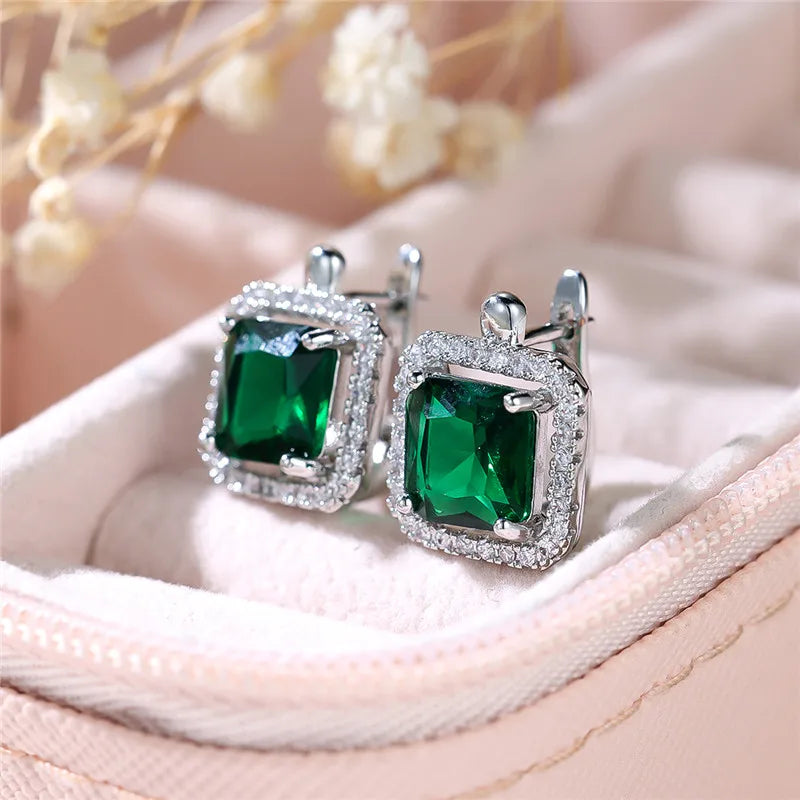 Female Luxury Green Square Zircon Stone Clip Earrings Charm Silver Color Wedding Jewelry For Women
