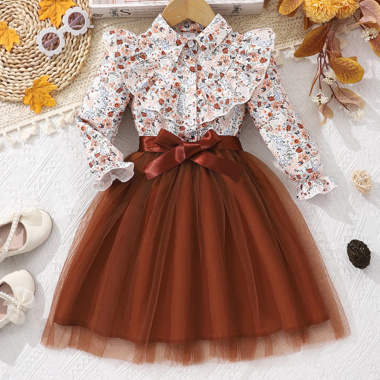 New Autumn Kids Girls Dress Long Sleeve Spring Gauze Belt Children Dress Soft Ventilate Cute Comfort Girls Clothing 2-7 Years