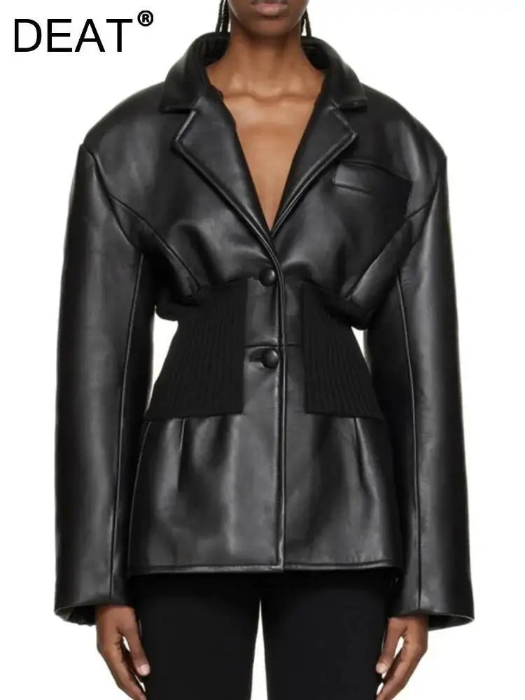 DEAT Fashion Women's Blazer Notched Collar PU Patchwork Knitted Super Waist Silhouette Suit Jackets Spring 2025 New 17A2010H