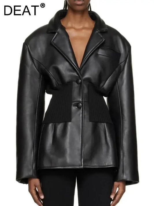 DEAT Fashion Women's Blazer Notched Collar PU Patchwork Knitted Super Waist Silhouette Suit Jackets Spring 2025 New 17A2010H
