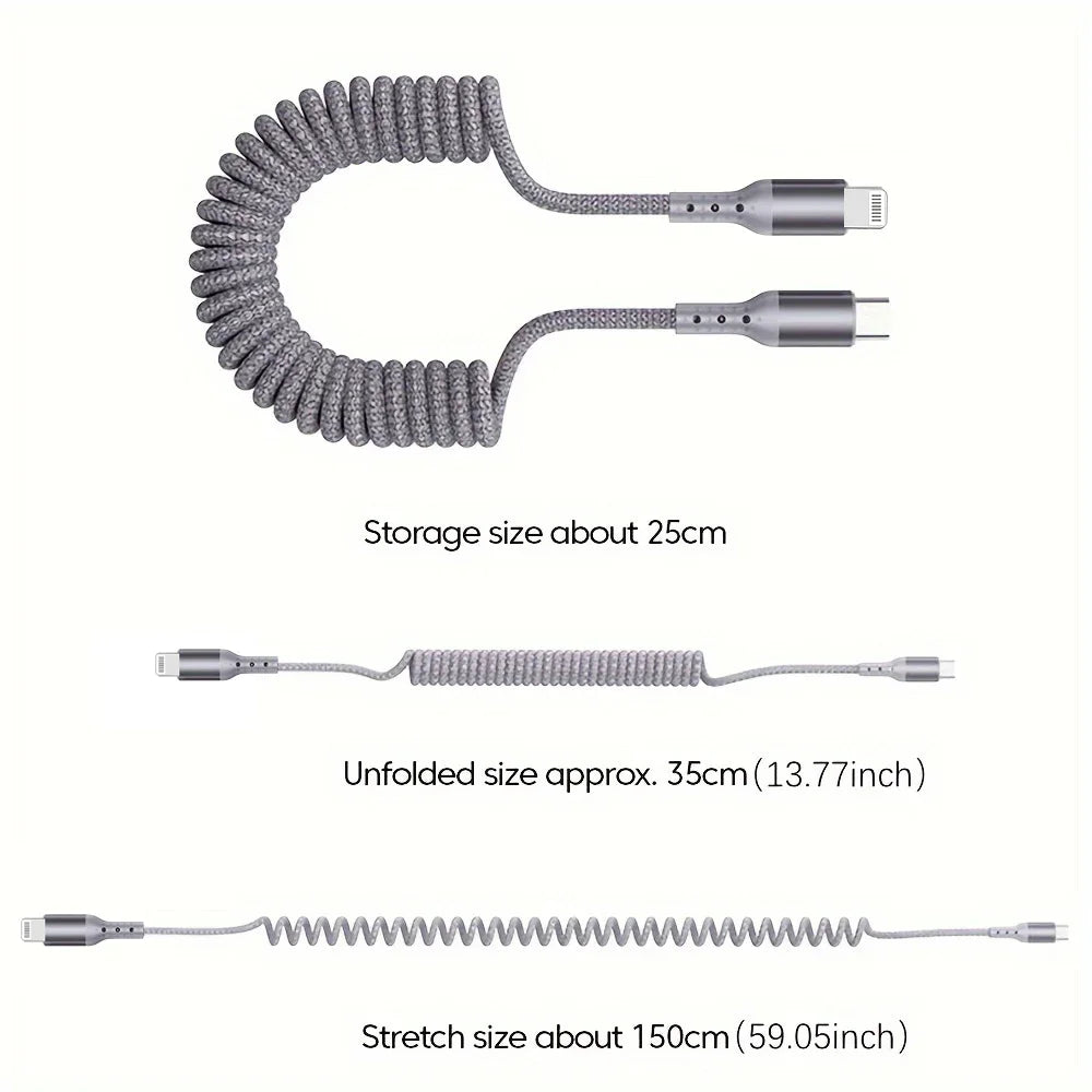 Spring Car Charger Cord 3A Fast Charging USB Cable For iPhone 14 11 12 13 Pro X XS Max 6 7 8 Plus SE iPad Data Wire